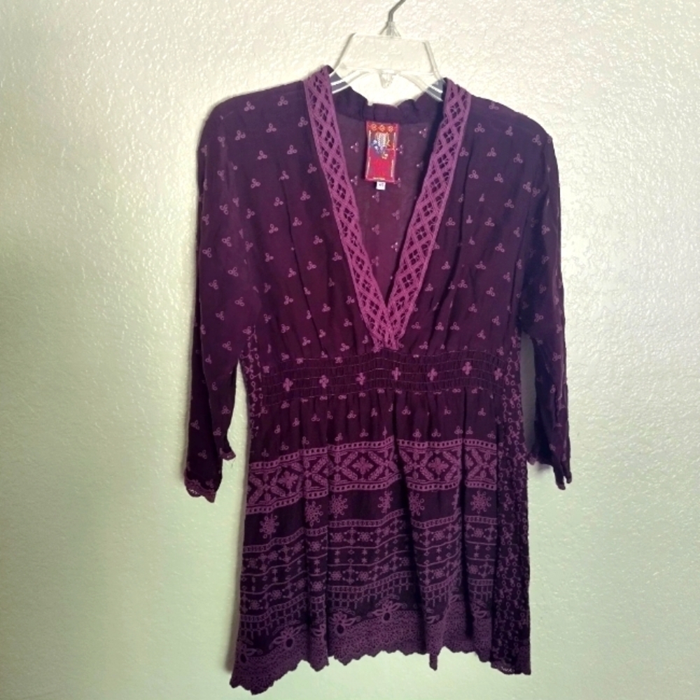 Johnny Was Tunic Blouse Windsor Wine Cupra Rayon Embroidered sz Xs